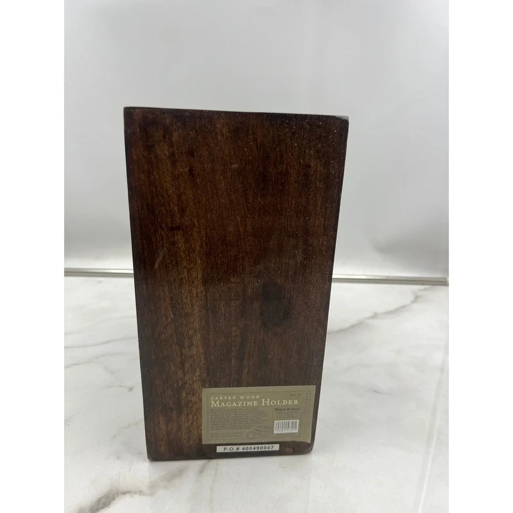 World Market Carved Mango Wood Magazine Holder Dark Brown Floral Office Storage